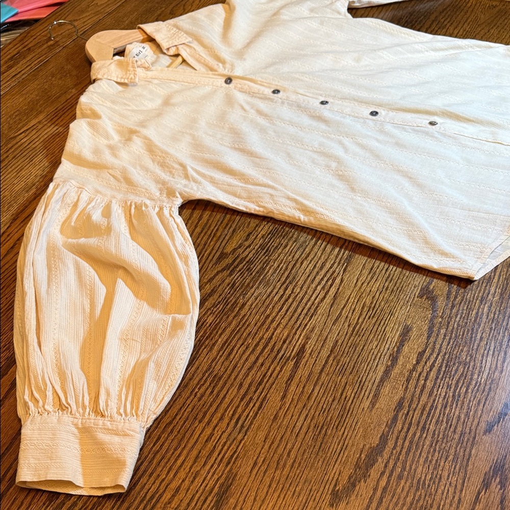 My Girl Cream Textured Button Down Blouse Puff Sleeve Relaxed Boho Shirt 14